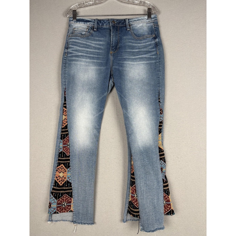 Driftwood Jeans Womens 28 Mid Rise Indie Crop Flare Tapestry Boho Fringe Stretch